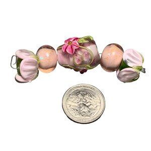 Handcrafted Lampwork Floral Glass Beads Set - Pink & Green